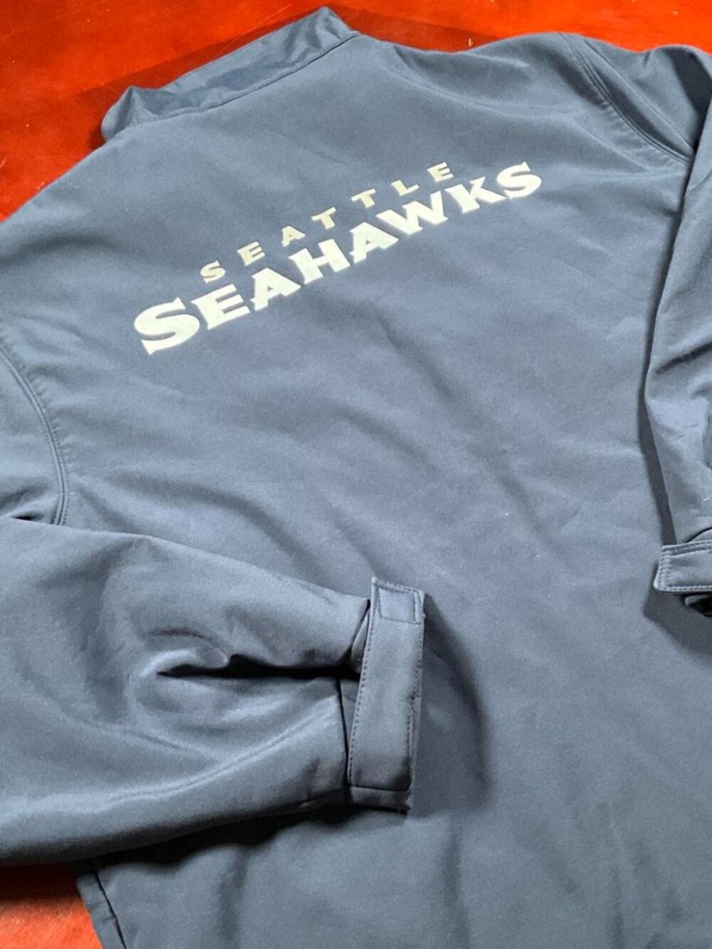 Seattle Seahawks NFL Navy Hawks Logo Spellout Softshell Full Zip Jacket (XLarge)